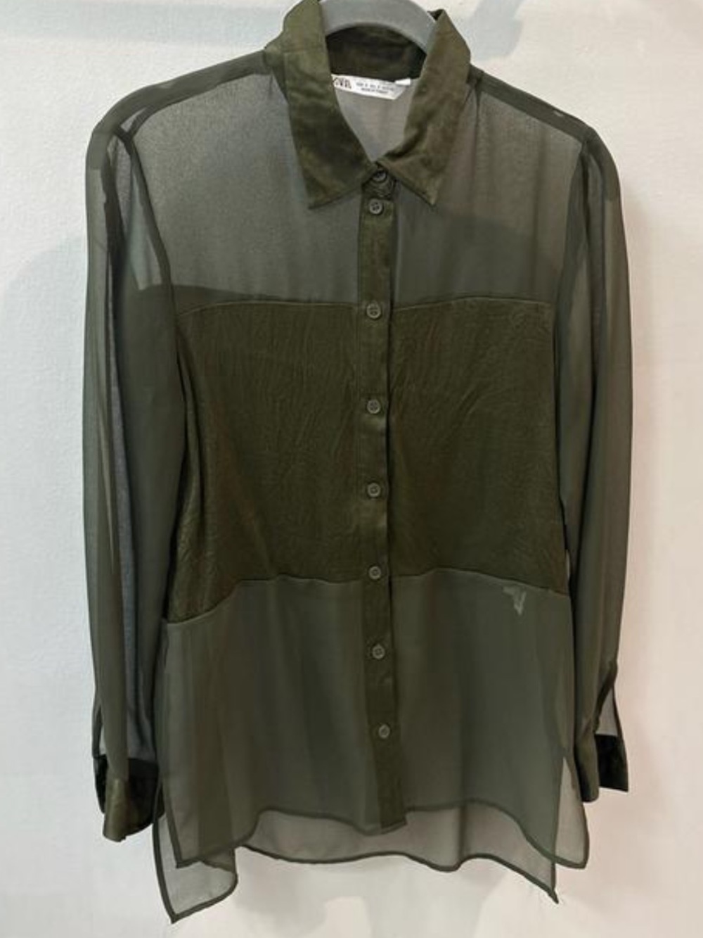 Zara Olive Green Sheer Button-Down Blouse, XS - EUC like new